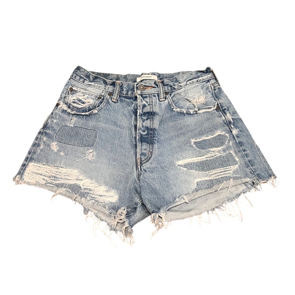 Moussy Light Blue Distressed High-Rise Jean Shorts